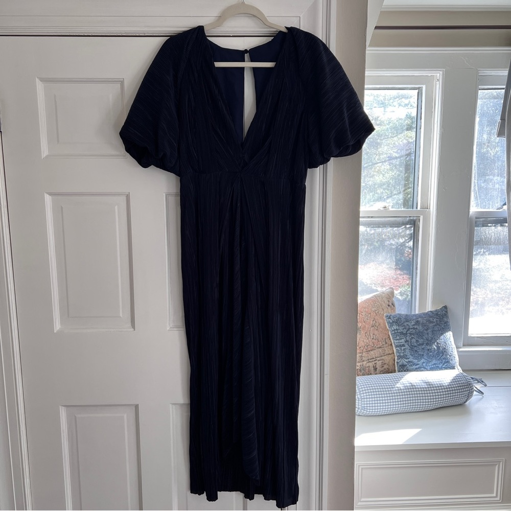 ASOS EDITION plunge puff sleeve midi dress in micro pleat